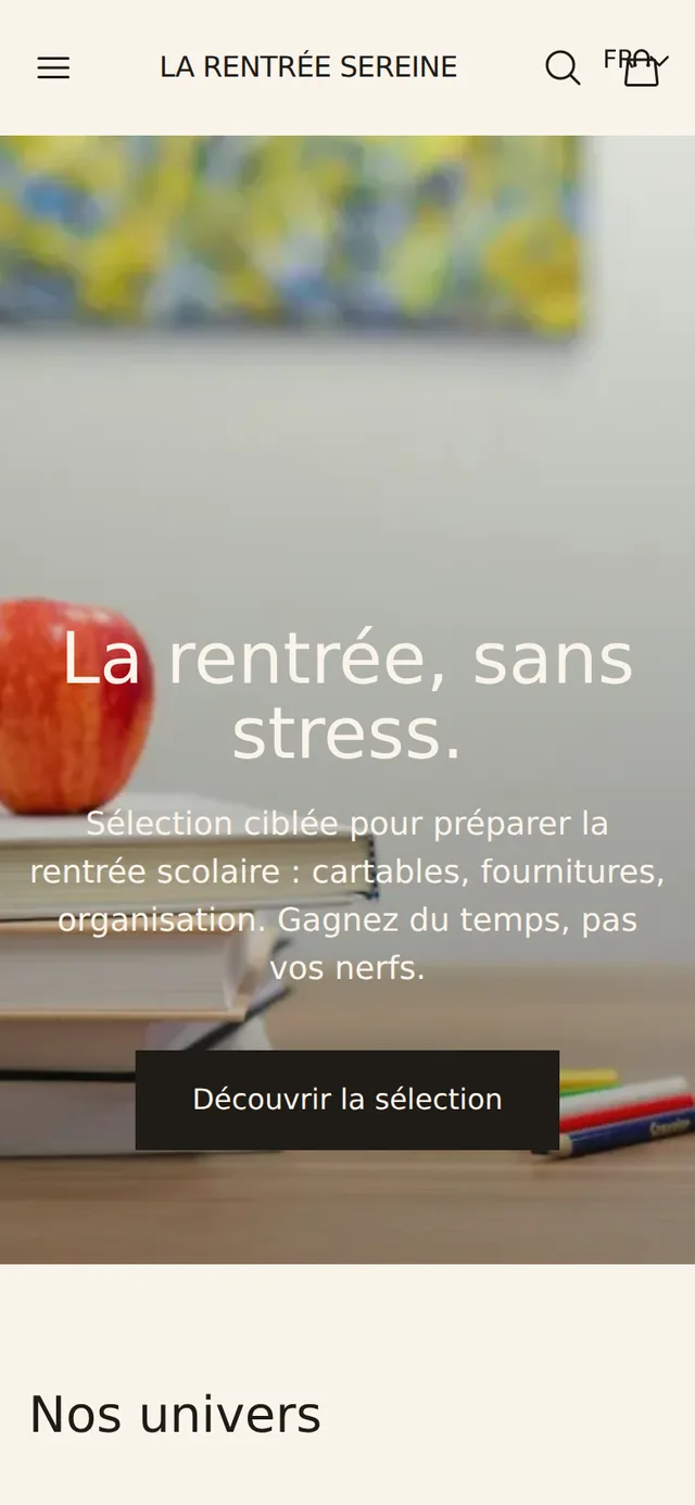 La même plateforme côté client : boutique mobile « La Rentrée Sereine » — capture réelle